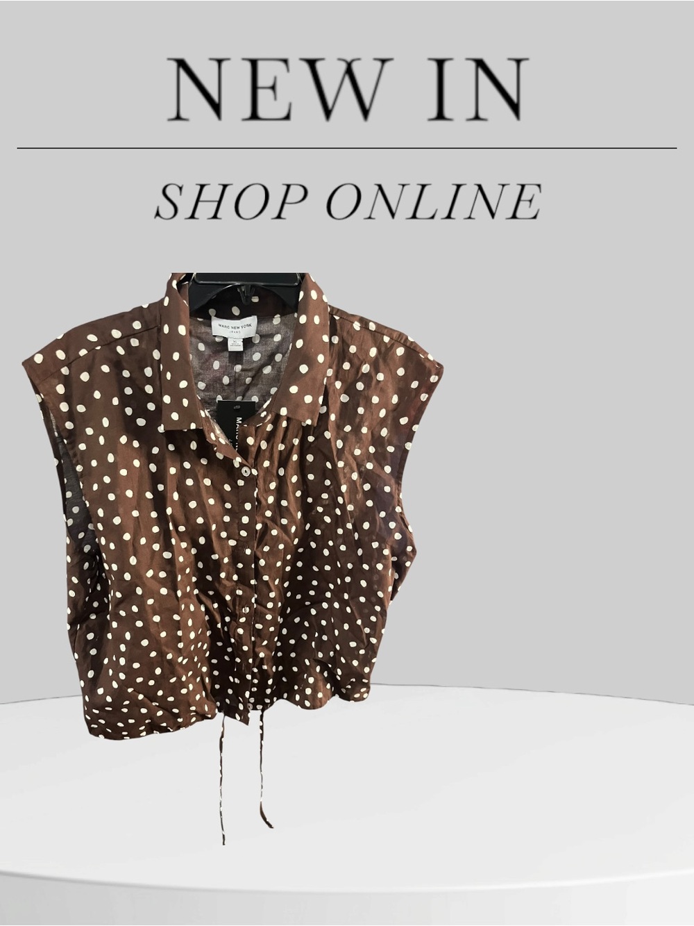 NWT Marc NewYork Womens Top XL Brown Poka Dot Button-up Cropped Gathered Waist